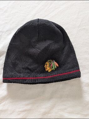 Reebok Black and Red Reversable Beanie with Blackhawks Embroidered Logo